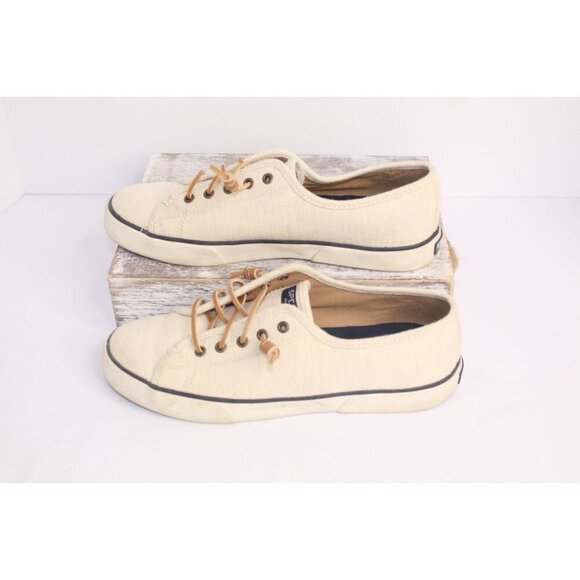 Sperry Woven Canvas Cushioned Slip On Boat Shoes Women's 10 M Cream Blue Lace UP - Picture 3 of 9